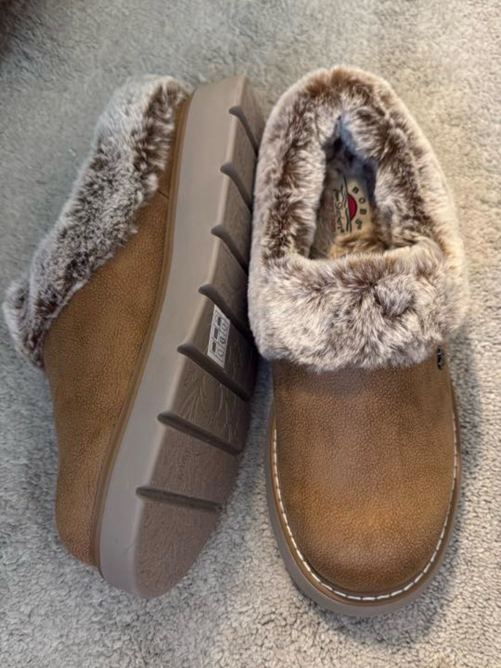 BOBS from Skechers Women's Faux-Fur Collar Slip-On Slippers - Tan
